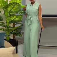 Solid Front Pocket Belted Wide Leg Jumpsuit