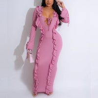 Solid Long Sleeve Ties Frilled Maxi Dress