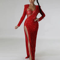 Sequins Long Sleeve High Slit 2PCS Maxi Dress Set