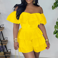 Solid Off Shoulder Layered Ruffle Romper