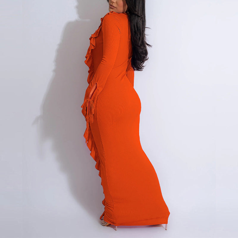 Solid Long Sleeve Ties Frilled Maxi Dress