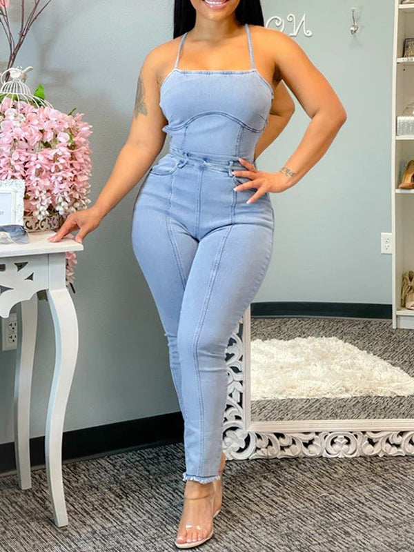 Sleeveless Tied-Back Denim Jumpsuit