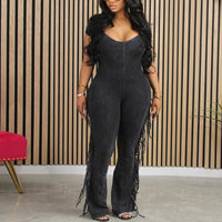 Solid Short Sleeve Tassels Jumpsuit