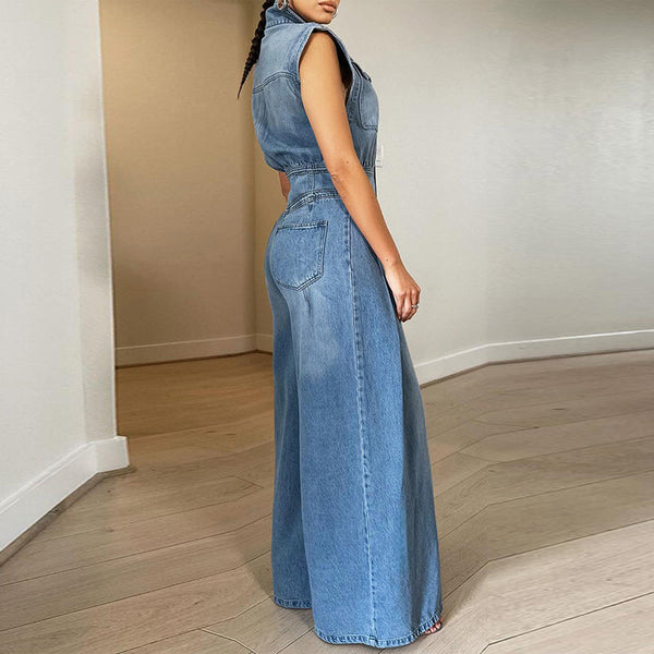 Washed Wide Leg Denim Jumpsuit