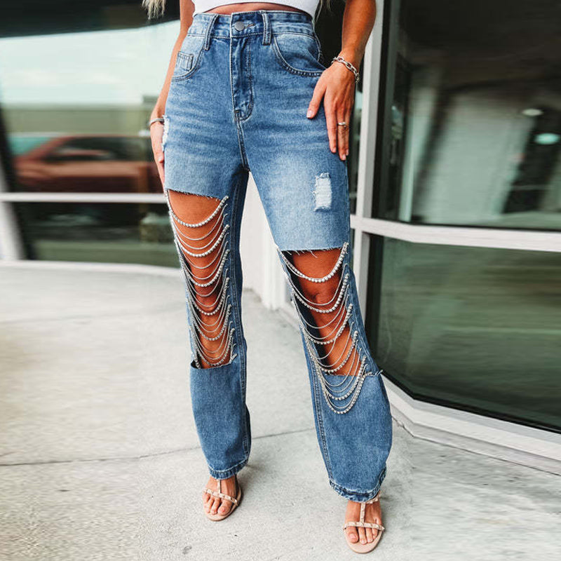 Chain Decoration Cut Out Straight Leg Jeans