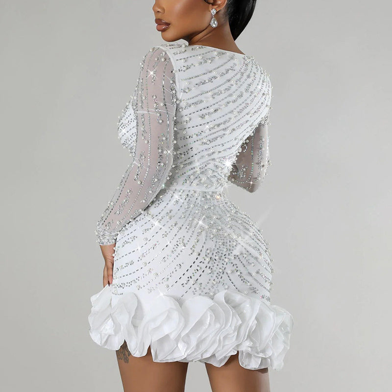 Rhinestone Sheer Mesh Sleeve Ruffle Hem Bodycon Dress