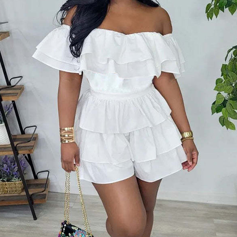 Solid Off Shoulder Layered Ruffle Romper