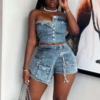 Washed Denim Bandeau Top & Shorts Set