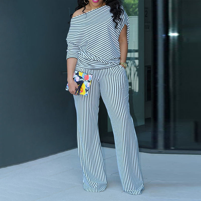 Striped Oblique Shoulder Top & Pants Set