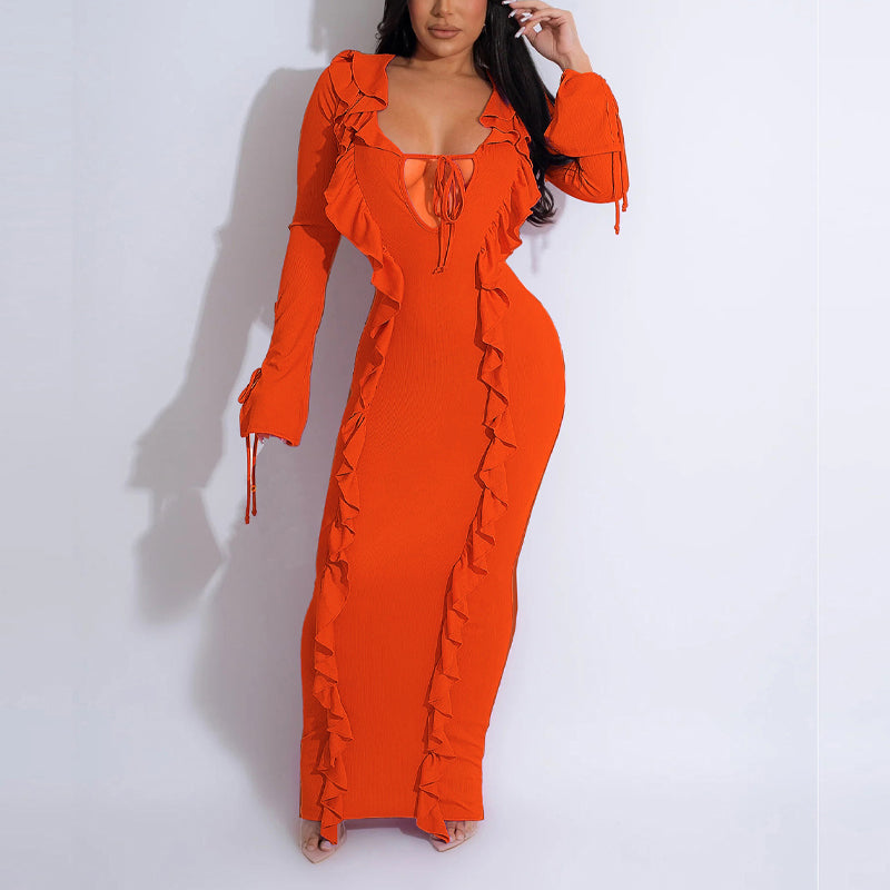 Solid Long Sleeve Ties Frilled Maxi Dress