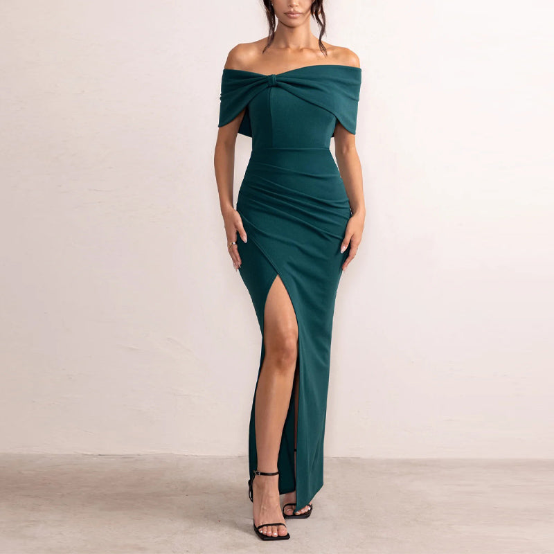 Bow Off Shoulder High Slit Maxi Dress