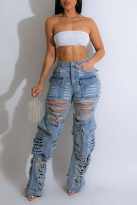 Women Distressed Denim Cargo Ripped Jeans