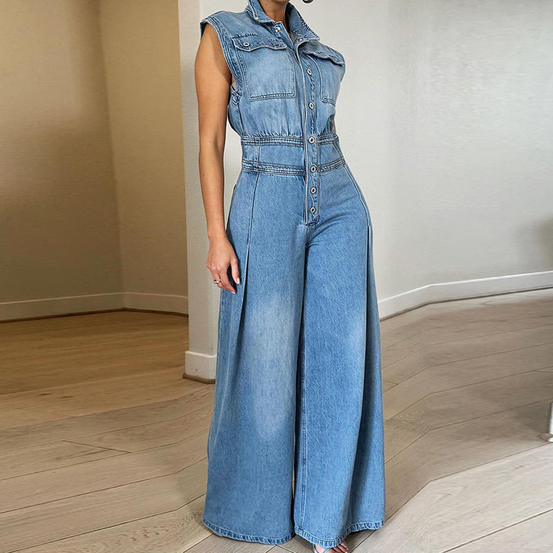 Washed Wide Leg Denim Jumpsuit