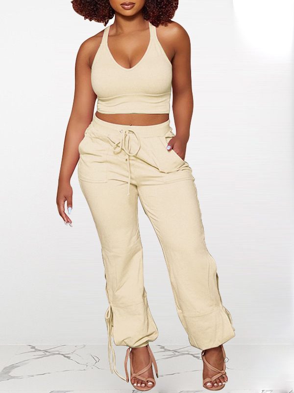 Solid Tank Top & Tied Pants Set