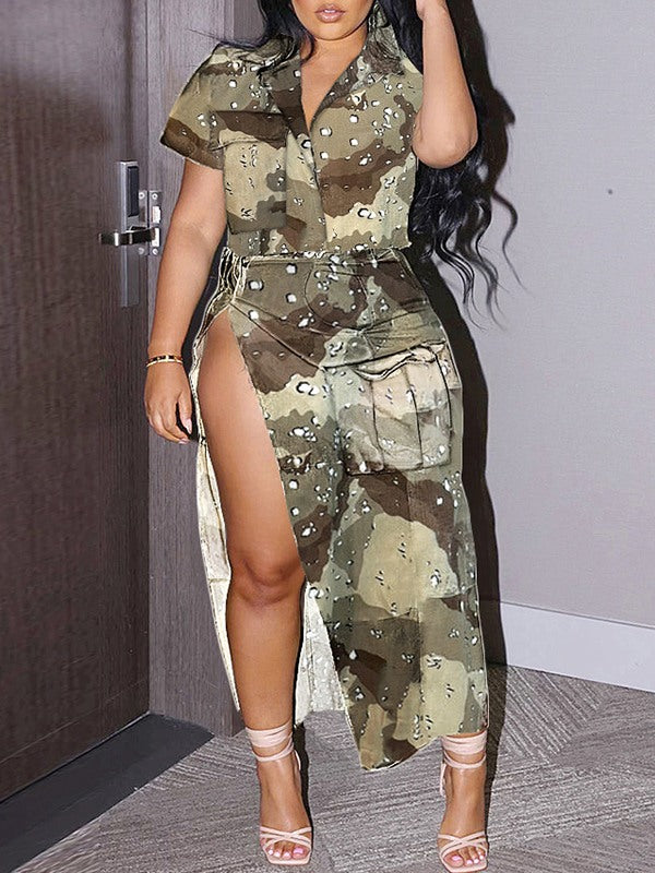 Camo Shirt & Slit Skirt Set