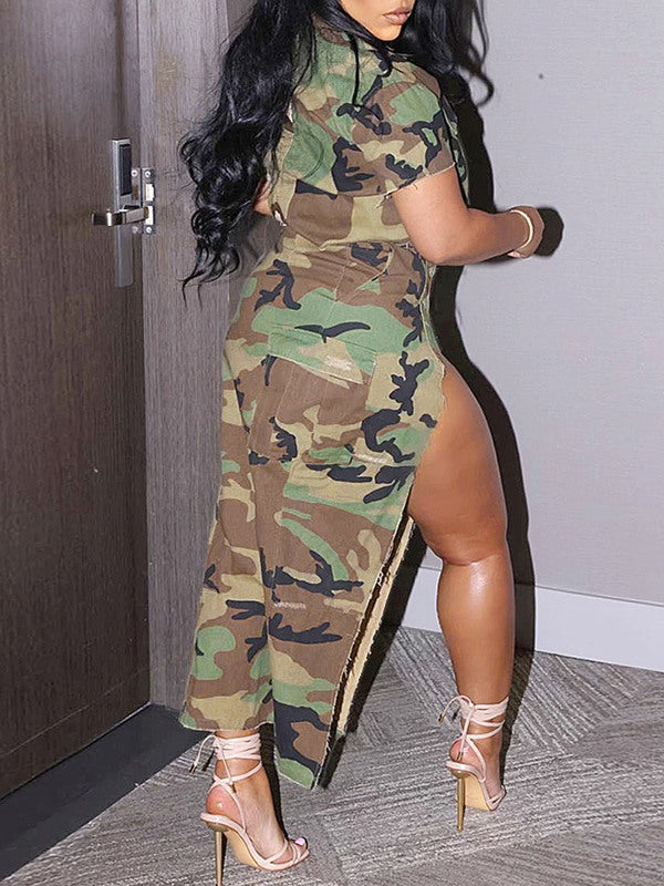 Camo Shirt & Slit Skirt Set