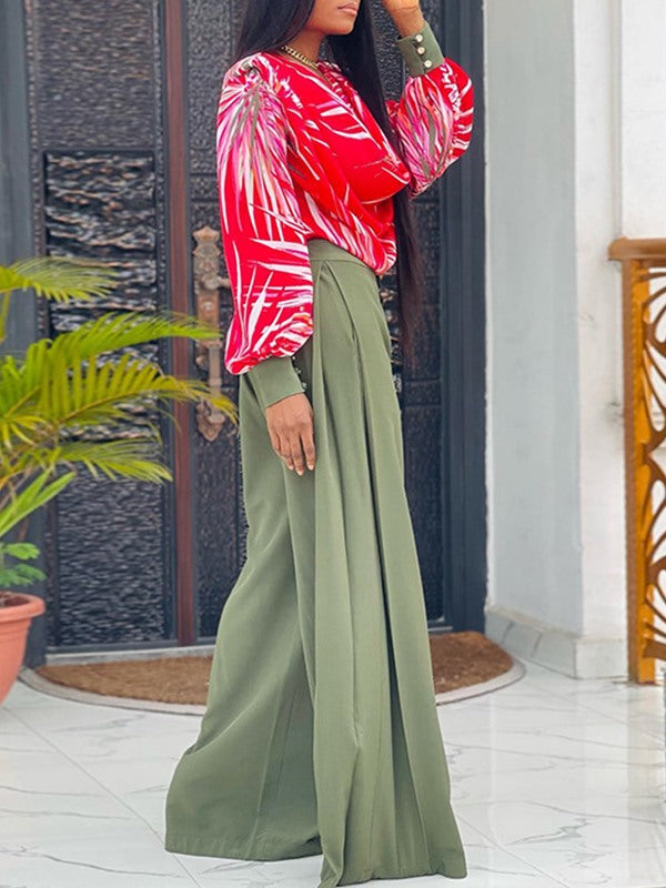 Printed Blouse & Wide-Leg Pants Set