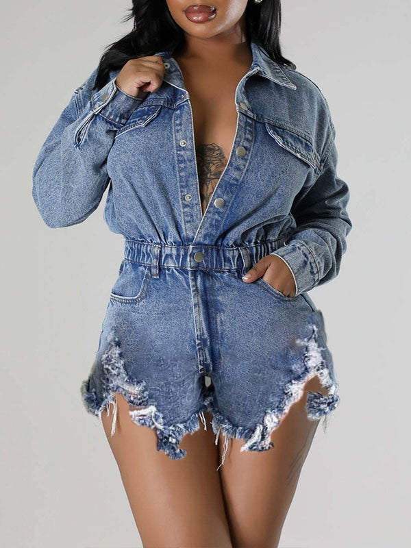 Distressed Snap-Front Denim Romper