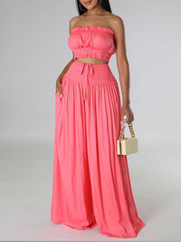 Solid Bandeau Top & Wide-Leg Pants Set