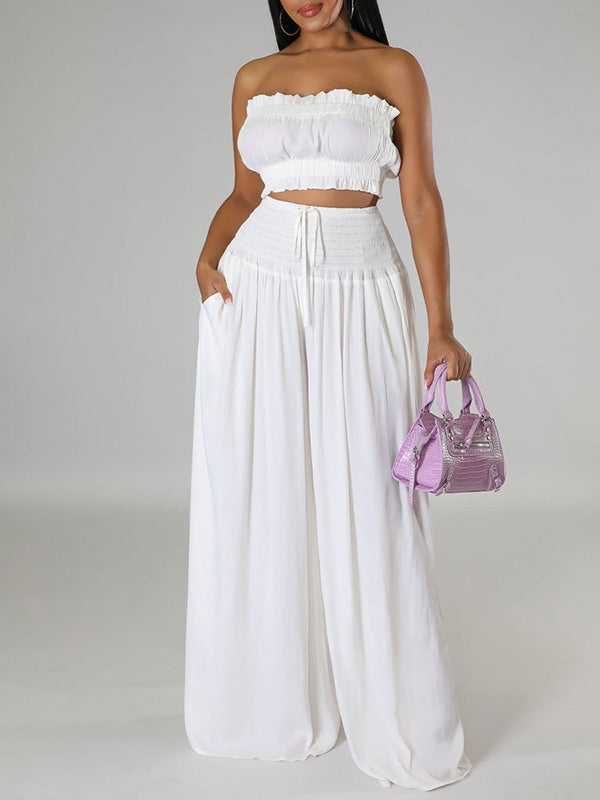 Solid Bandeau Top & Wide-Leg Pants Set