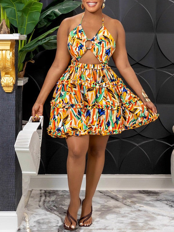 Printed Halter Frilled Dress