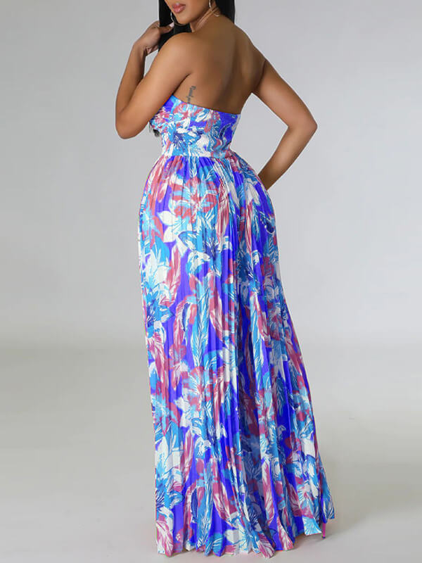 Printed Strapless Pleated Jumpsuit