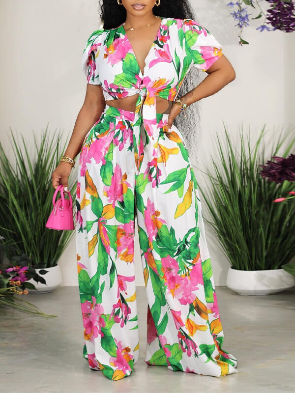 Printed Tied Top & Wide-Leg Pants Set