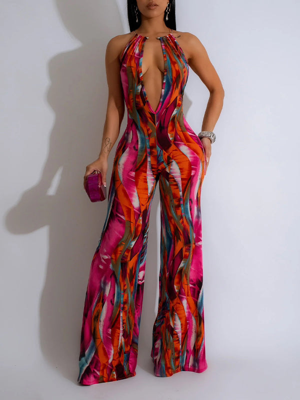 Printed Plunge Halter Jumpsuit