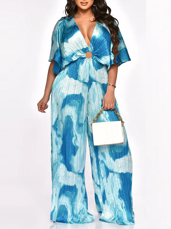 Printed V-Neck Pleated Wide-Leg Jumpsuit