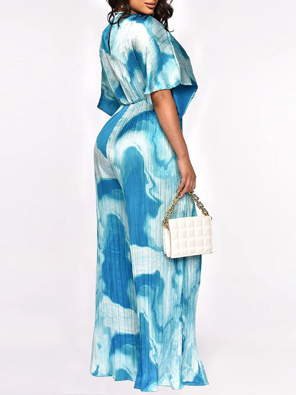 Printed V-Neck Pleated Wide-Leg Jumpsuit