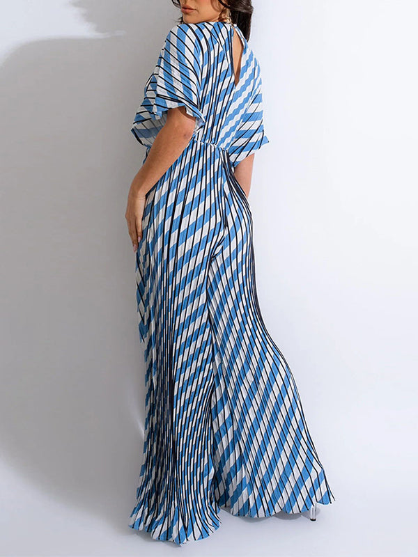 Printed V-Neck Pleated Wide-Leg Jumpsuit