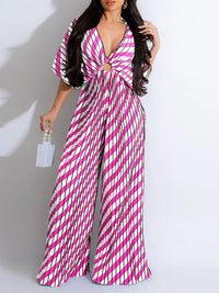 Printed V-Neck Pleated Wide-Leg Jumpsuit