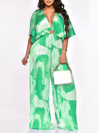 Printed V-Neck Pleated Wide-Leg Jumpsuit