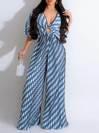 Printed V-Neck Pleated Wide-Leg Jumpsuit