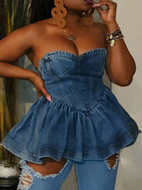 Denim Strapless Peplum Top