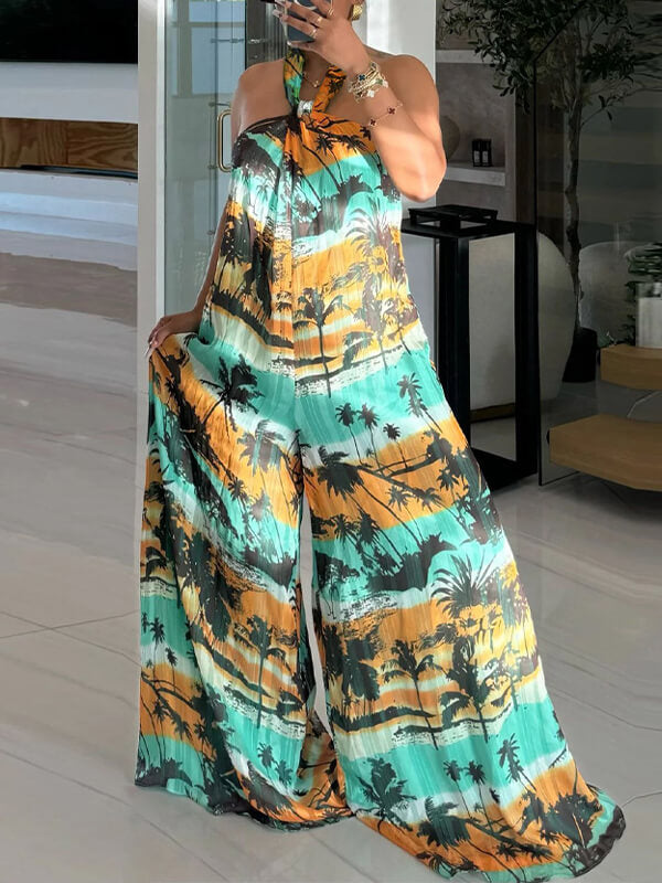 Printed Halter Wide-Leg Jumpsuit