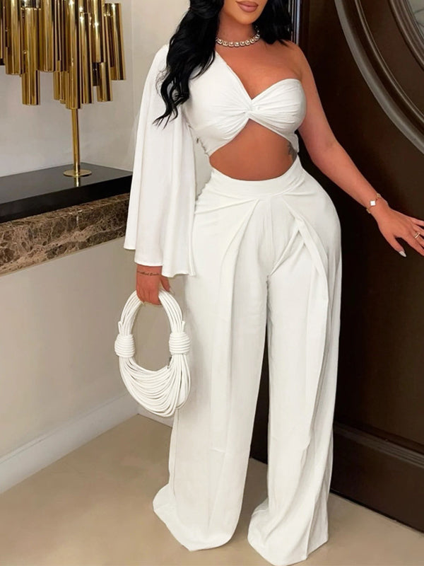 Solid One-Shoulder Crop Top & Pants Set