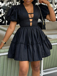 Black V-Neck Ruffle Dress