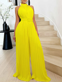 Solid Belted Sleeveless Pleated Jumpsuit