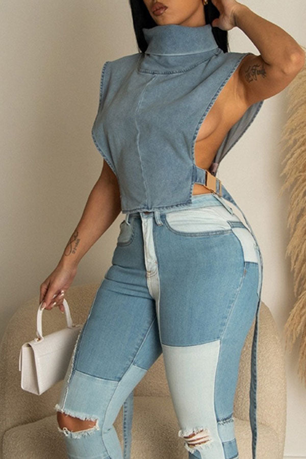 High Neck Denim Vest