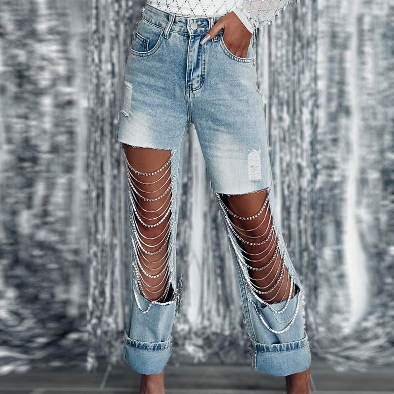 Chain Decoration Cut Out Straight Leg Jeans