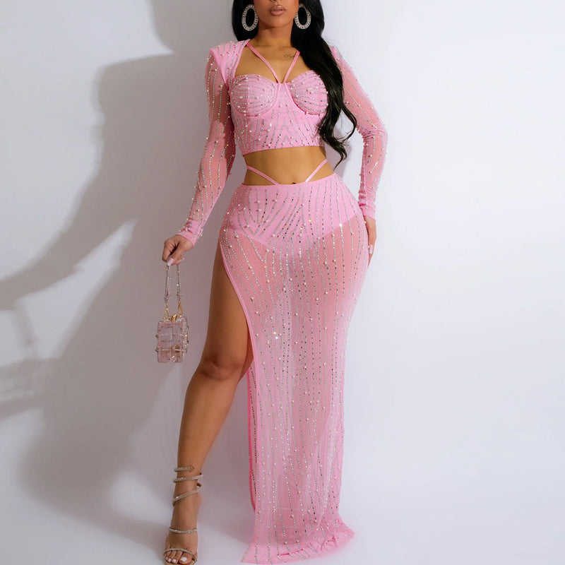 Rhinestone Sheer Mesh 2PCS Skirt Set