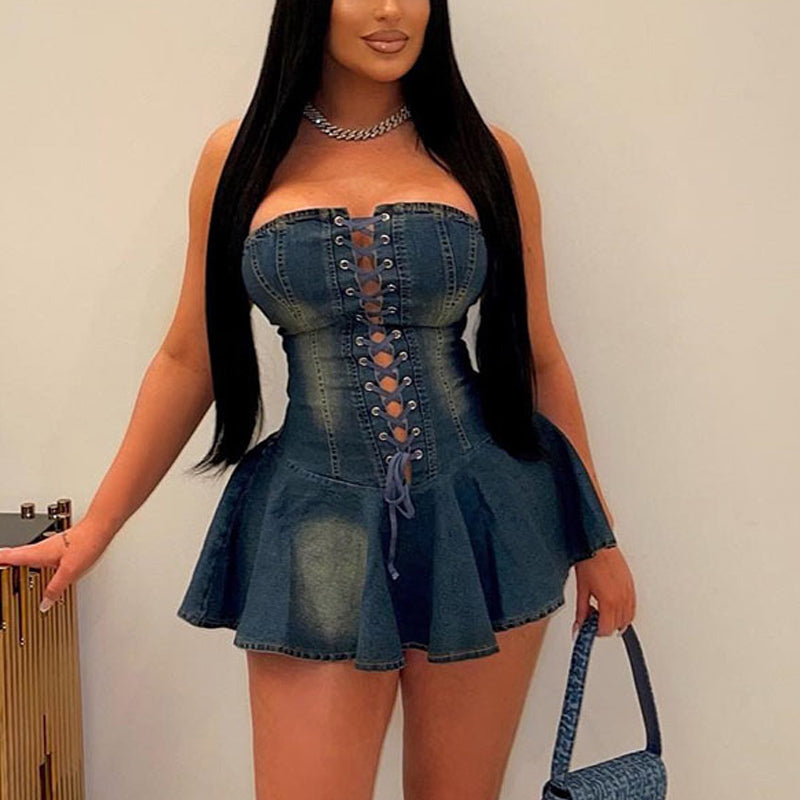 Washed Bandeacu Lace Up Denim Dress