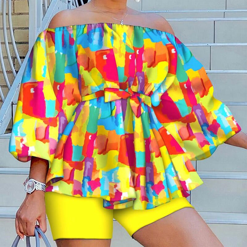 Colorful Print Off Shoulderr Top & Shorts Set