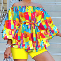 Colorful Print Off Shoulderr Top & Shorts Set