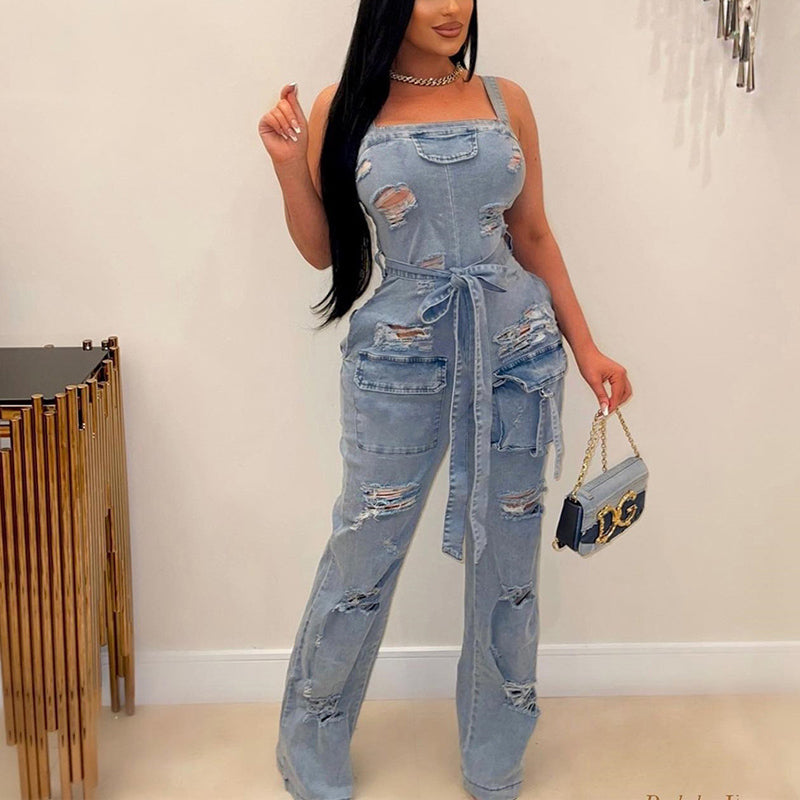 Denim Cut Out Belted Jumpsuit