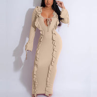 Solid Long Sleeve Ties Frilled Maxi Dress