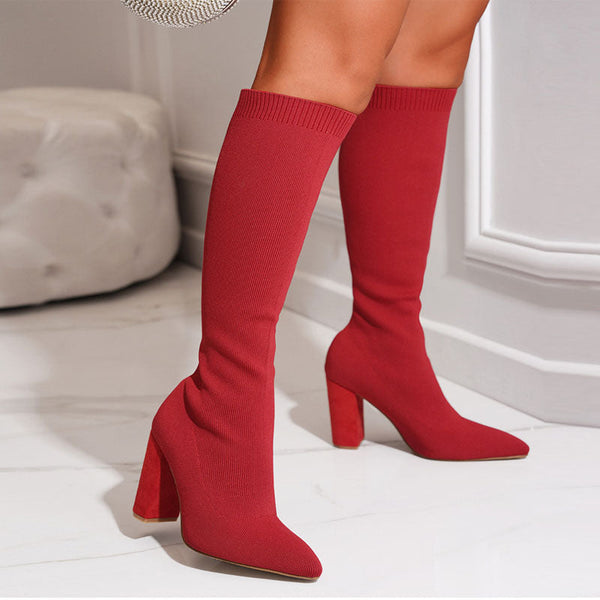 Solid Elastic Knitted Chunky Heeled Boots