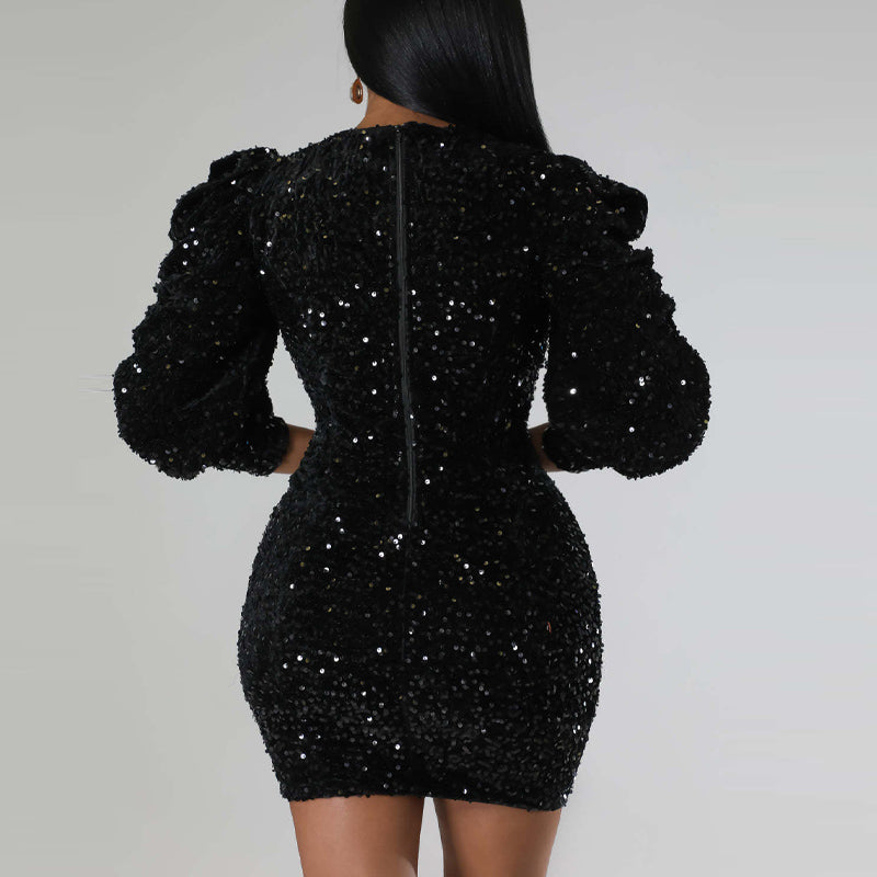 Sequins Puff Sleeve Bodycon Dress