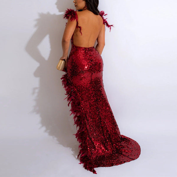 Sequins V-Neck Feather Design Backless High Slit Maxi Dress